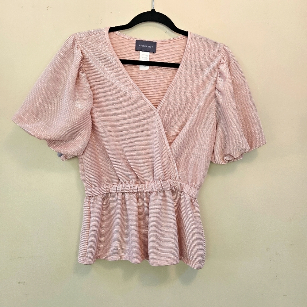 Hudson Gray Faux Wrap Top Women Sz M Glitter Shimmer Pink Balloon Sleeves